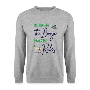 She Who Has The Booze Makes The Rules - Barkeeper - Unisex Pullover - Weißgrau meliert - Vorne - Alina (178cm) & Michal (187cm)