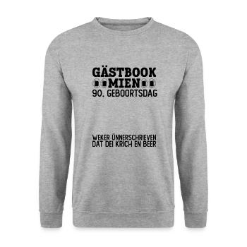 90 Geburtstag Plattdeutsch Gästebuch Norddeutsch - Unisex Pullover - Weißgrau meliert - Vorne - Alina (178cm) & Michal (187cm)