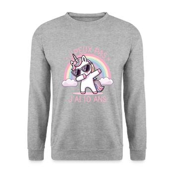 J'Peux Pas J'ai 10 ans Cadeau Anniversaire Licorne - Sweat-shirt Unisexe - gris chiné - Devant - Alina (178cm) & Michal (187cm)