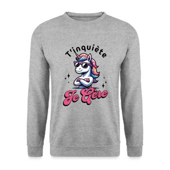 T'inquiète Je Gère Licorne Cool Cadeau Magique - Sweat-shirt Unisexe - gris chiné - Devant - Alina (178cm) & Michal (187cm)