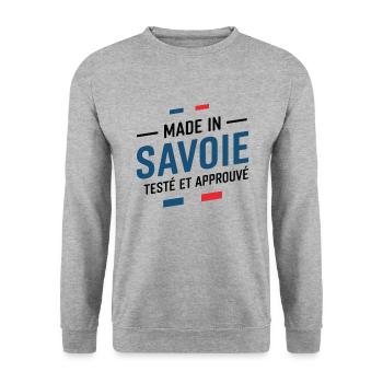 Made in Savoie getesteter und bewährter savoyischer Humor - Unisex Pullover - Weißgrau meliert - Vorne - Alina (178cm) & Michal (187cm)