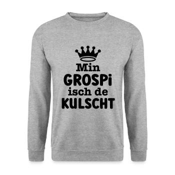 Min Grospi isch de kulscht Opa Schweiz Grosspapi - Unisex Pullover - Weißgrau meliert - Vorne - Alina (178cm) & Michal (187cm)