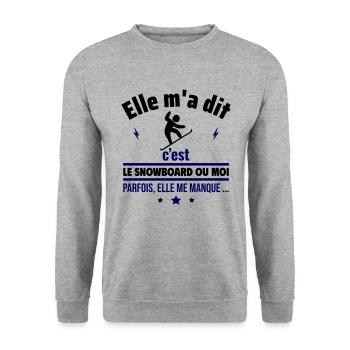 Elle m a dit le snowboard,Snowboarder,Snowboard - Sweat-shirt Unisexe - gris chiné - Devant - Alina (178cm) & Michal (187cm)