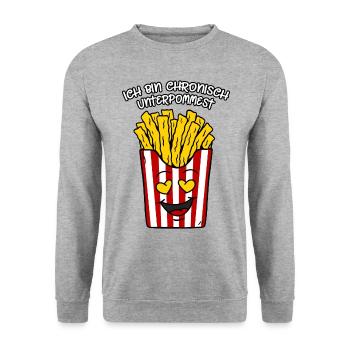 Pommes Liebe Spruch Ich bin chronisch unterpommest - Unisex Pullover - Weißgrau meliert - Vorne - Alina (178cm) & Michal (187cm)