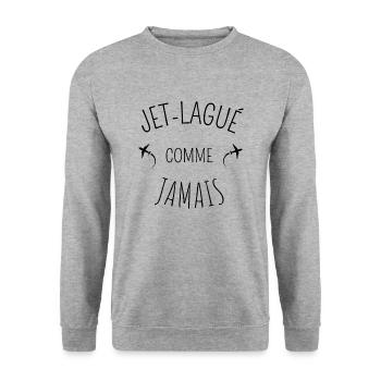 JET LAGUÉ COMME JAMAIS idée cadeau voyage - Sweat-shirt Unisexe - gris chiné - Devant - Alina (178cm) & Michal (187cm)