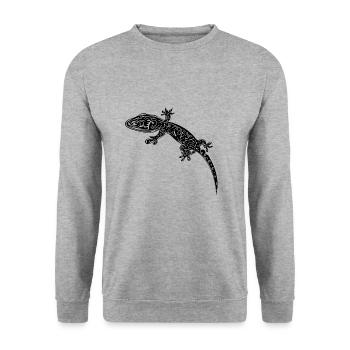 Kleiner Gecko an der Wand - Unisex Pullover - Weißgrau meliert - Vorne - Alina (178cm) & Michal (187cm)