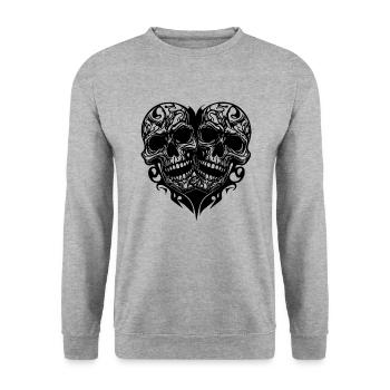Deux crânes coeur tribal style de tatouage - Sweat-shirt Unisexe - gris chiné - Devant - Alina (178cm) & Michal (187cm)
