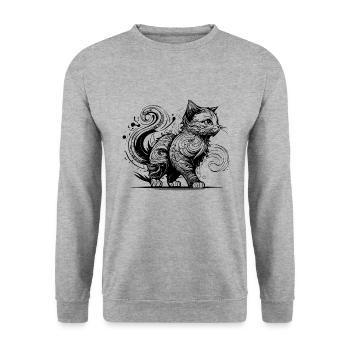 Süsse Katze im Tattoo Style - Unisex Pullover - Weißgrau meliert - Vorne - Alina (178cm) & Michal (187cm)