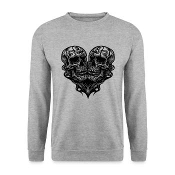 Zwei Schädeln Herz Tribal Tattoo Style - Unisex Pullover - Weißgrau meliert - Vorne - Alina (178cm) & Michal (187cm)