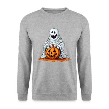 Lustiger Halloween Kürbis mit nettem Geist - Unisex Pullover - Weißgrau meliert - Vorne - Alina (178cm) & Michal (187cm)