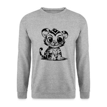 Knuffiger kleiner Kinder Tiger mit Streifenmuster - Unisex Pullover - Weißgrau meliert - Vorne - Alina (178cm) & Michal (187cm)