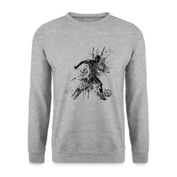 Fussballspieler im Splash kickt einen Ball - Unisex Pullover - Weißgrau meliert - Vorne - Alina (178cm) & Michal (187cm)