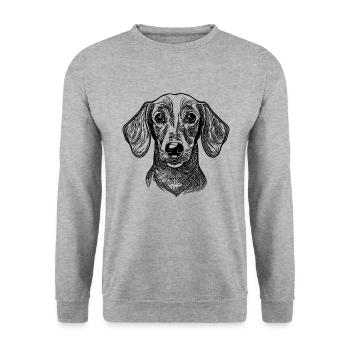 Süsses Dackel Porträt für den Dackelpapa - Unisex Pullover - Weißgrau meliert - Vorne - Alina (178cm) & Michal (187cm)