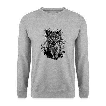 Knuddelige kleine Katze im Vintage Tattoo Style - Unisex Pullover - Weißgrau meliert - Vorne - Alina (178cm) & Michal (187cm)