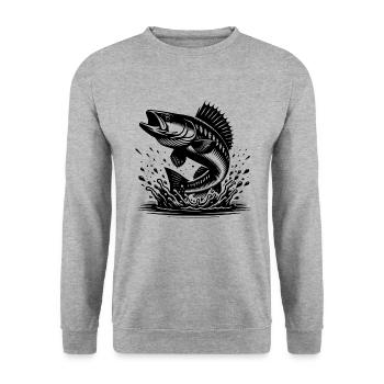 Sportlicher Zander springt aus dem Wasser Splash - Unisex Pullover - Weißgrau meliert - Vorne - Alina (178cm) & Michal (187cm)