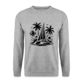 Palmen mit Doppelrumpf Katamaran Segleboot - Unisex Pullover - Weißgrau meliert - Vorne - Alina (178cm) & Michal (187cm)