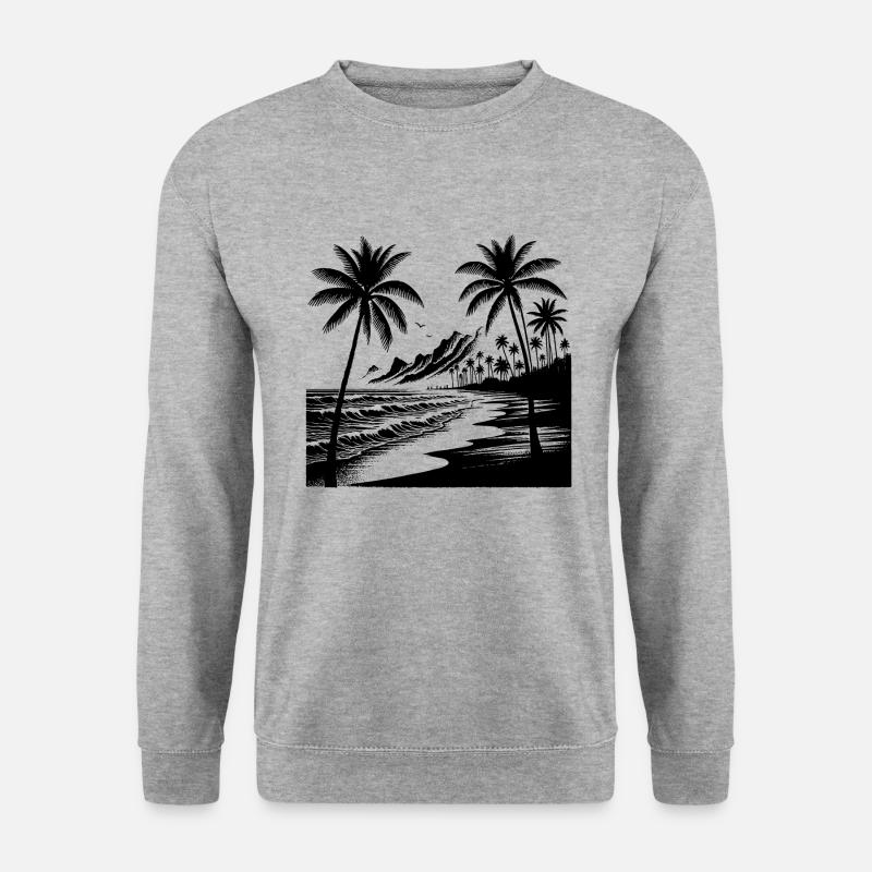 Vulkan Küste mit Palmen Strand und Meer - Unisex Pullover - Weißgrau meliert