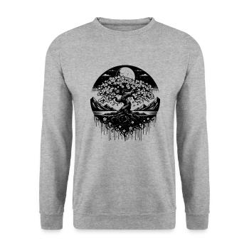 Kirschbaumblüte in vintager Landschaft - Unisex Pullover - Weißgrau meliert - Vorne - Alina (178cm) & Michal (187cm)