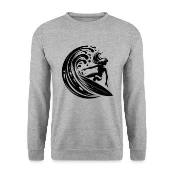 Sportliche Surferin die in großer Welle surft - Unisex Pullover - Weißgrau meliert - Vorne - Alina (178cm) & Michal (187cm)