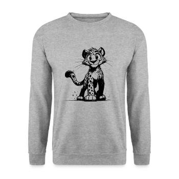 Kleiner Leopard mit Flecken und großen Augen - Unisex Pullover - Weißgrau meliert - Vorne - Alina (178cm) & Michal (187cm)