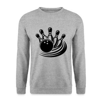 Krasse Bowlingkugel räumt Pins von Bowlingbahn - Unisex Pullover - Weißgrau meliert - Vorne - Alina (178cm) & Michal (187cm)
