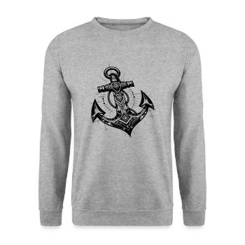 Kunstvoller Anker im eleganten Tattoo Style - Unisex Pullover - Weißgrau meliert - Vorne - Alina (178cm) & Michal (187cm)