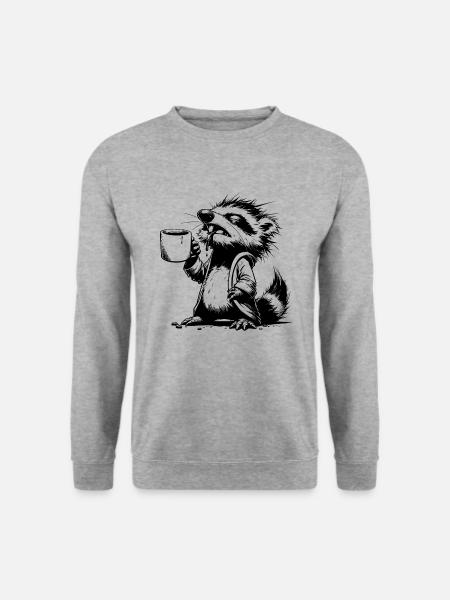 Waschbär als Kaffeejunkie mit Kaffeetasse - Unisex Pullover - Weißgrau meliert