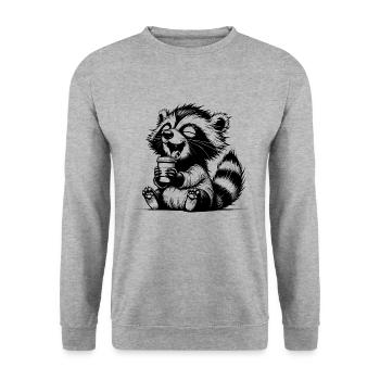 Lustiger Waschbär als Kaffeejunkie mit Becher - Unisex Pullover - Weißgrau meliert - Vorne - Alina (178cm) & Michal (187cm)