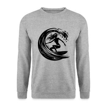 Elegante Surferin mit Surfbrett im Wellen Tunnel - Unisex Pullover - Weißgrau meliert - Vorne - Alina (178cm) & Michal (187cm)