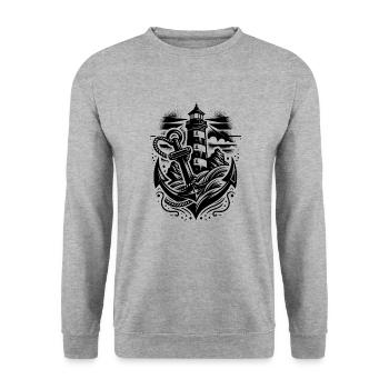 Küsten Leuchtturm mit Anker und Licht - Unisex Pullover - Weißgrau meliert - Vorne - Alina (178cm) & Michal (187cm)