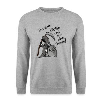 So viele Idioten und nur eine Sense Sarkasmus - Unisex Pullover - Weißgrau meliert - Vorne - Alina (178cm) & Michal (187cm)
