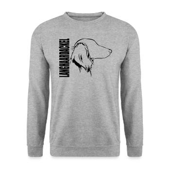 LANGHAARDACKEL Profil Hunde Hund Wilsigns - Unisex Pullover - Weißgrau meliert - Vorne - Alina (178cm) & Michal (187cm)