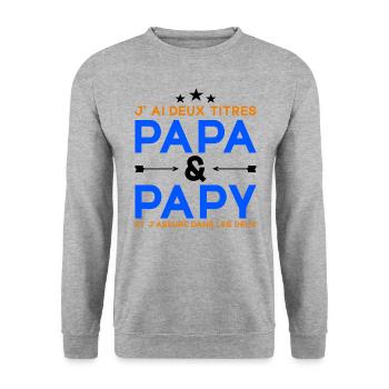 J'ai Deux Titres Papa et Papy Cadeau Fête des Père - Sweat-shirt Unisexe - gris chiné - Devant - Alina (178cm) & Michal (187cm)