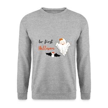 Her First Halloween | Süßer Geist für Halloween - Unisex Pullover - Weißgrau meliert - Vorne - Alina (178cm) & Michal (187cm)