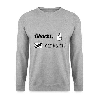 Obacht, etz kum I schwarz - Unisex Pullover - Weißgrau meliert - Vorne - Alina (178cm) & Michal (187cm)