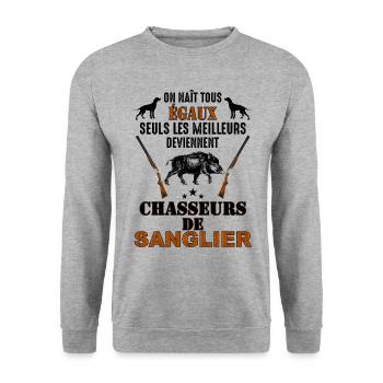 Humour Cadeau chasse de sanglier - Sweat-shirt Unisexe - gris chiné - Devant - Alina (178cm) & Michal (187cm)