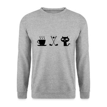 Kaffee. Katzen. Golf - Unisex Pullover - Weißgrau meliert - Vorne - Alina (178cm) & Michal (187cm)