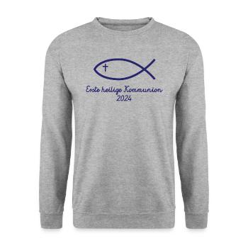 Erste Heilige Kommunion 2024 1. Erstkommunion - Unisex Pullover - Weißgrau meliert - Vorne - Alina (178cm) & Michal (187cm)