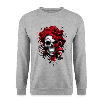 Stylischer Totenkopf - Unisex Pullover - Weißgrau meliert - Vorne - Alina (178cm) & Michal (187cm)