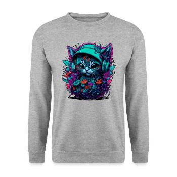 Chat bébé dans la mer de fleurs, en écoutant de la musique - Sweat-shirt Unisexe - gris chiné - Devant - Alina (178cm) & Michal (187cm)