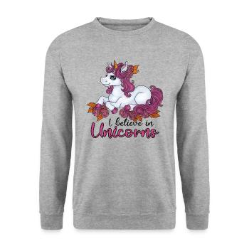 I believe in Unicorns Niedliches Einhorn Geschenk - Unisex Pullover - Weißgrau meliert - Vorne - Alina (178cm) & Michal (187cm)