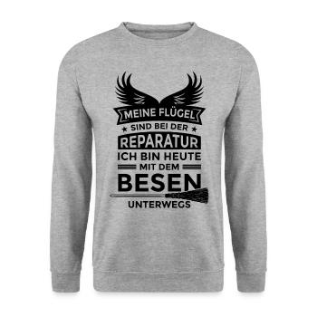 Lustiger Spruch Meine Flügel Reparatur Besen Hexe - Unisex Pullover - Weißgrau meliert - Vorne - Alina (178cm) & Michal (187cm)