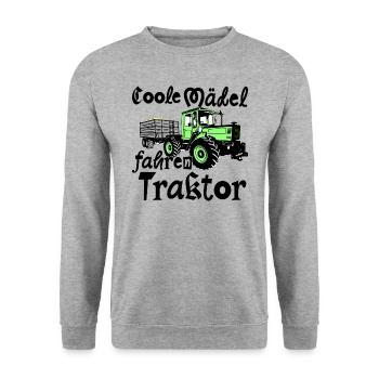 Coole Mädel fahren Traktor - MB Trac - Unimog - Unisex Pullover - Weißgrau meliert - Vorne - Alina (178cm) & Michal (187cm)