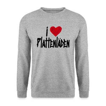 I love Plattenläden Vintage und Retro Bester Sound - Unisex Pullover - Weißgrau meliert - Vorne - Alina (178cm) & Michal (187cm)
