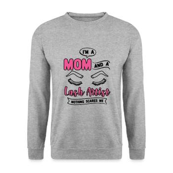 Maman & Cils Artiste Maquilleuse Humour - Sweat-shirt Unisexe - gris chiné - Devant - Alina (178cm) & Michal (187cm)