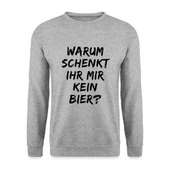 Warum schenk ihr mir kein Bier? Bierliebe Alkohol - Unisex Pullover - Weißgrau meliert - Vorne - Alina (178cm) & Michal (187cm)