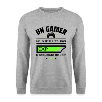 un gamer ne vieillit pas,idée cadeau anniversaire - Sweat-shirt Unisexe - gris chiné - Devant - Alina (178cm) & Michal (187cm)