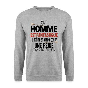 Homme Fantastique Reine Couple Cadeau Amour Humour - Sweat-shirt Unisexe - gris chiné - Devant - Alina (178cm) & Michal (187cm)