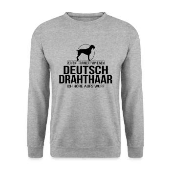 DEUTSCH DRAHTHAAR wuff Hundespruch Wilsigns - Unisex Pullover - Weißgrau meliert - Vorne - Alina (178cm) & Michal (187cm)