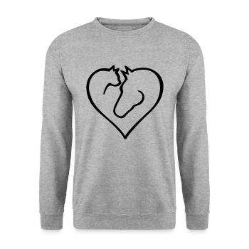 Katzenherz mit Pferd - Farbwechsel - Unisex Pullover - Weißgrau meliert - Vorne - Alina (178cm) & Michal (187cm)